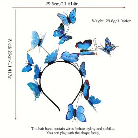 Blue Butterfly Decorative Head Band Non Slip Hair Hoop Stylish Hair Accessories - Picture 3 of 8